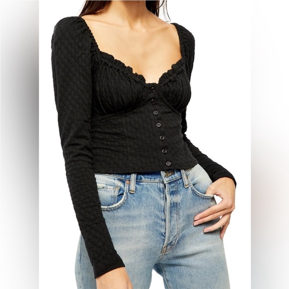 Free People Ladybug Long Sleeve Top Black Ruched Ruffle Detail Sweetheart Large - Picture 1 of 14
